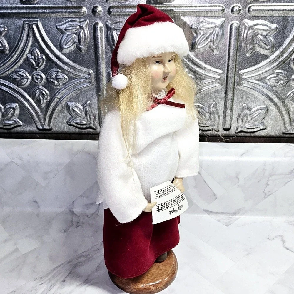 Vtg Old World Style Christmas Caroler Girl Figurine‎ Fabric and Wood Base
